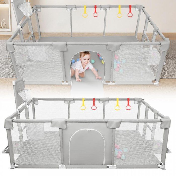 Parque infantil XUANYU, parque infantil modular plegable XXL con barreras/redes/pelota de playa/4 asas - Gris claro