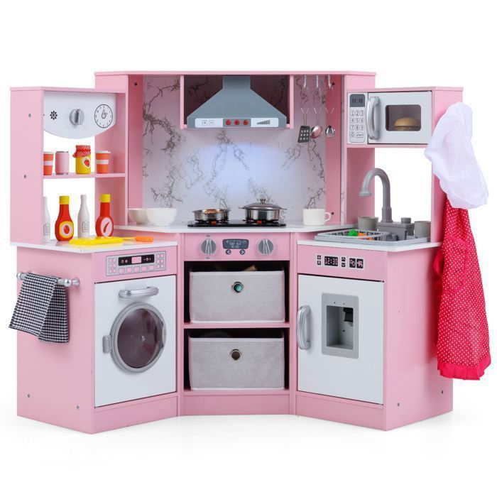 Cocina infantil COSTWAY de madera para mayores de 3 años - 17 accesorios, luces y sonidos, pizarra, regalo ideal, color rosa.