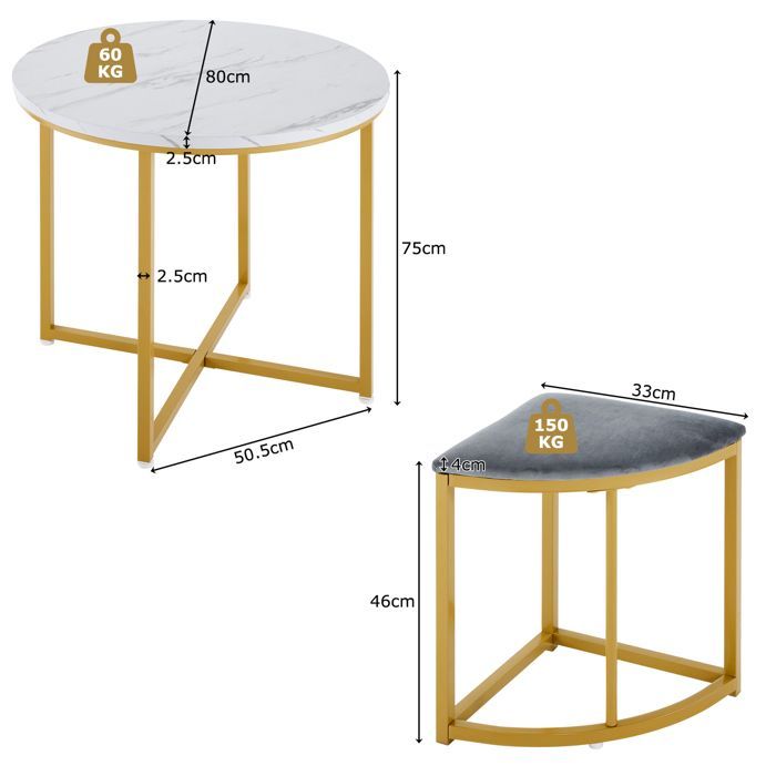 DRIPEX Dining Table with 4 Chairs, Modern Kitchen Table Set, MDF + Gold Iron Frame, Velvet Chairs, 80x80x75cm, Grey