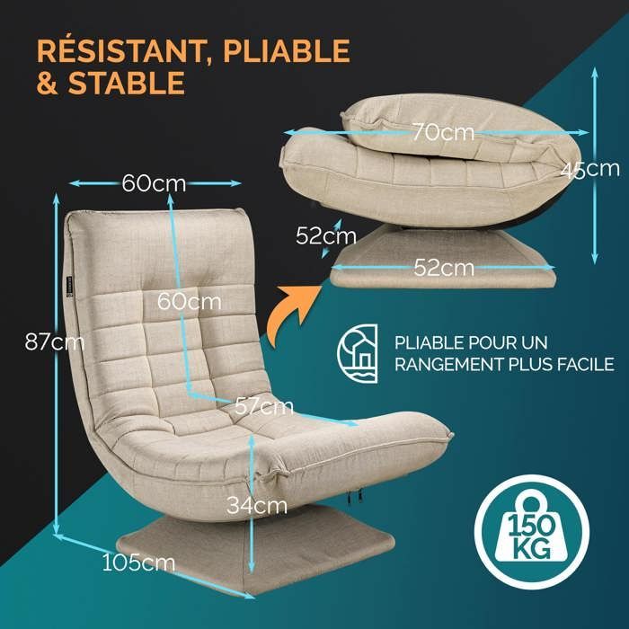 CASARIA® Fauteuil tout confort pivotant à 360° Crème capacité de charge de 150kg siège de gaming 58x57x84/87cm relaxation