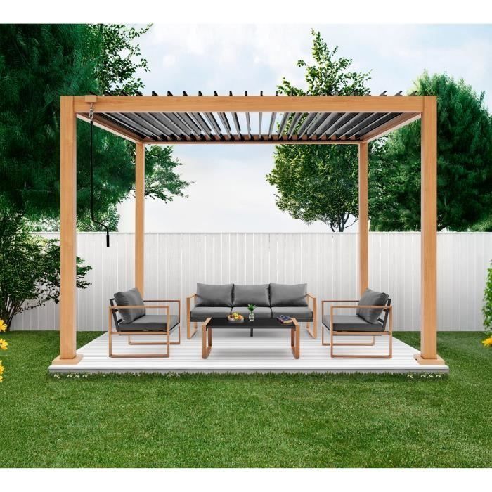 Pérgola bioclimática - GAYA - Estructura de aluminio y acero - Aspecto madera - 3 x 3 m