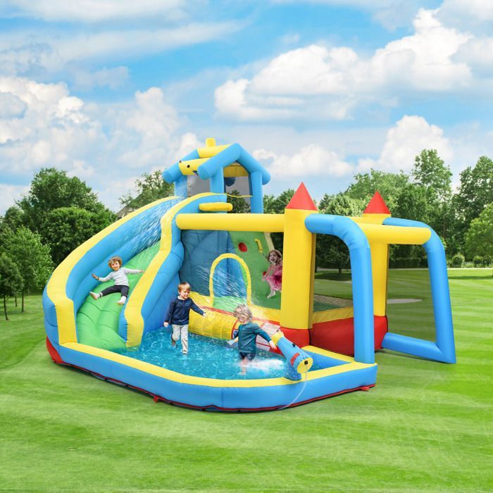 Castillo hinchable 5 en 1 para niños de 3 a 10 años, castillo hinchable exterior con tobogán, piscina y portería de fútbol, tamaño 364 × 315 × 239 cm.