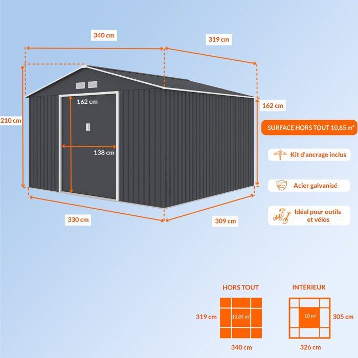Casetta da giardino in metallo 10,85 m² - 340 x 319 x 210 cm - JUPITER - Kit di ancoraggio incluso, 2 porte scorrevoli - Grigio