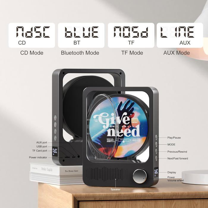 Lecteur Cd Portable, Chaîne Hifi Bluetooth Lecteur Musique Pour Voiture, Télécommande, Écran Lcd, Longue Durée, Compatible Cd
