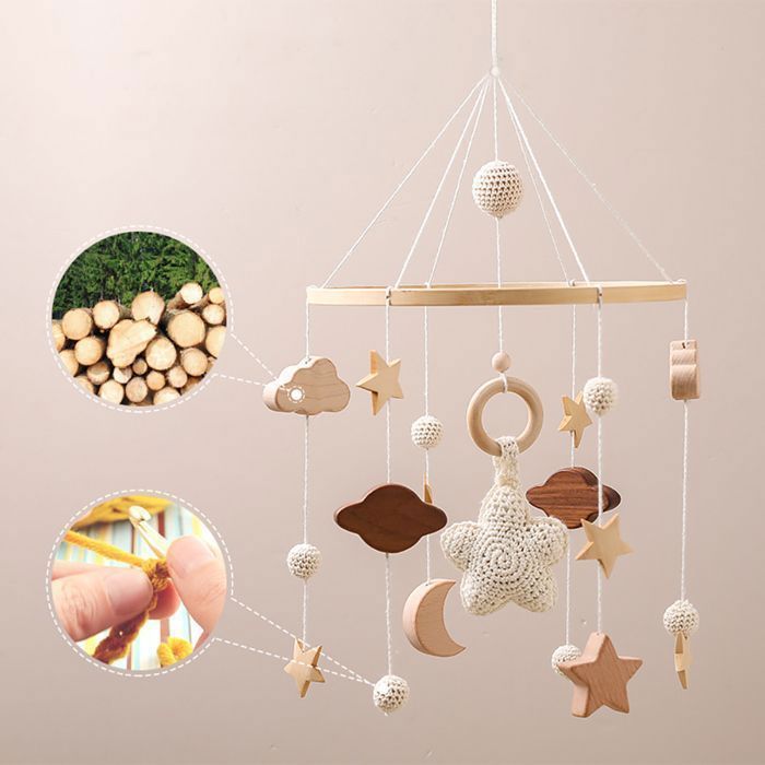 Mobile Bébé - BRAKORERS -avec étoiles, lunes et nuages au crochet décorations suspendues, Bois Berceau Bébé Jouet，beige