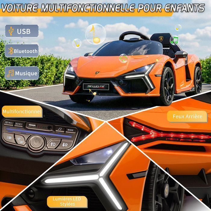 Voiture électrique Lamborghini Revuelto - LALAHO - 3 vitesses, avec télécommande 2.4 G, pour enfants de 3 à 6 Ans, orange