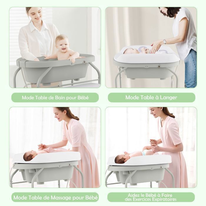 Cambiador para bebés COSTWAY 4 en 1 con bañera plegable de 20 L - 4 ruedas, manguera de 1 m, bandeja de almacenamiento, cojín de PVC impermeable - Gris claro