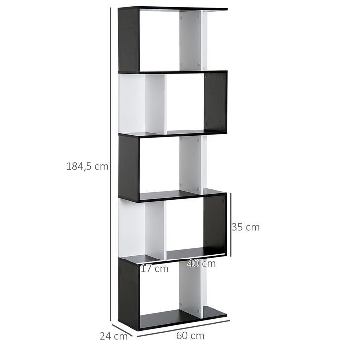 Estantería - HOMCOM - Mueble de almacenamiento en forma de S de 5 niveles para salón/dormitorio - Madera - 60x24x184,5cm - Blanco y negro