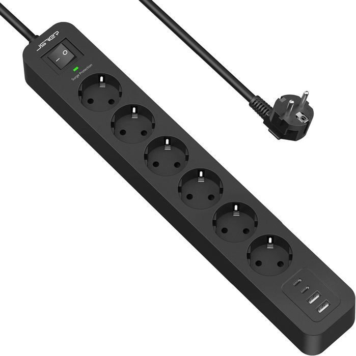 Regleta protectora contra sobretensiones USB de 6 tomas con 2 puertos USB-A + 2 puertos USB-C + cargador (5V 3.4A)