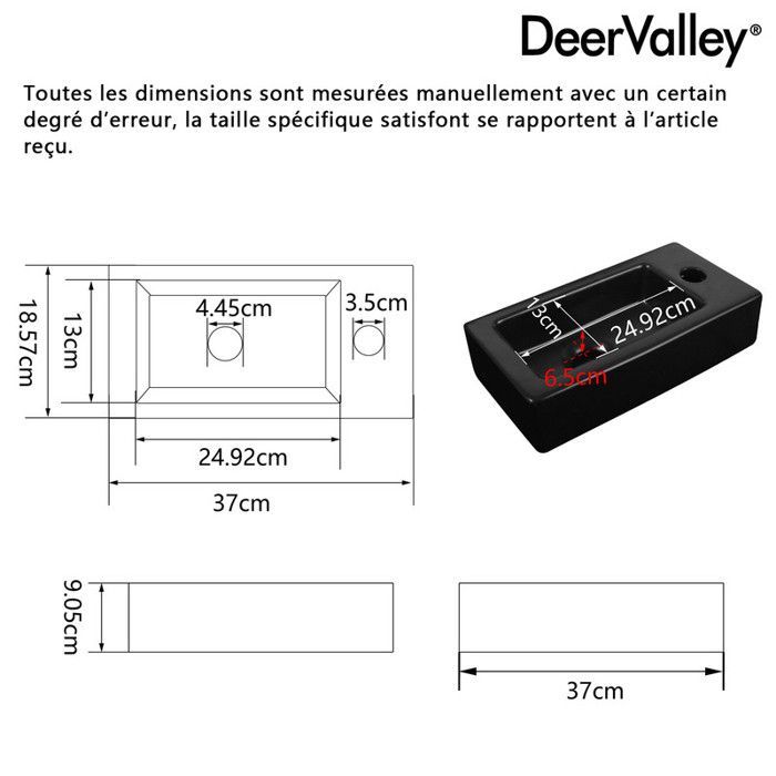 Móvel de lavatório retangular pequeno em cerâmica DeerValley para espaços pequenos (lado direito), DV-1V0091R