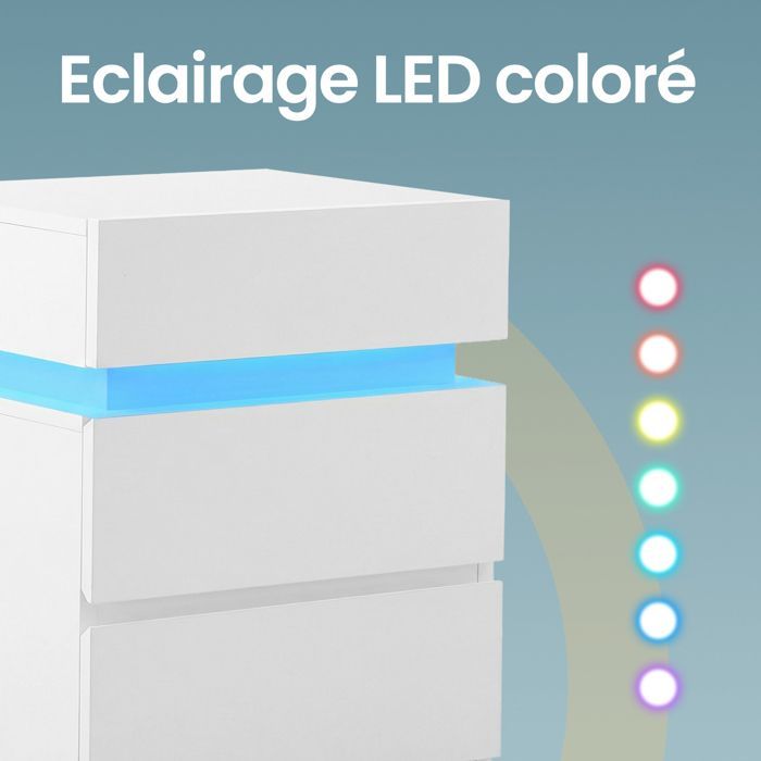 VASAGLE Comodino con striscia LED multicolore regolabile, 3 cassetti, tavolino laterale, 35 x 40 x 55 cm, bianco nuvola