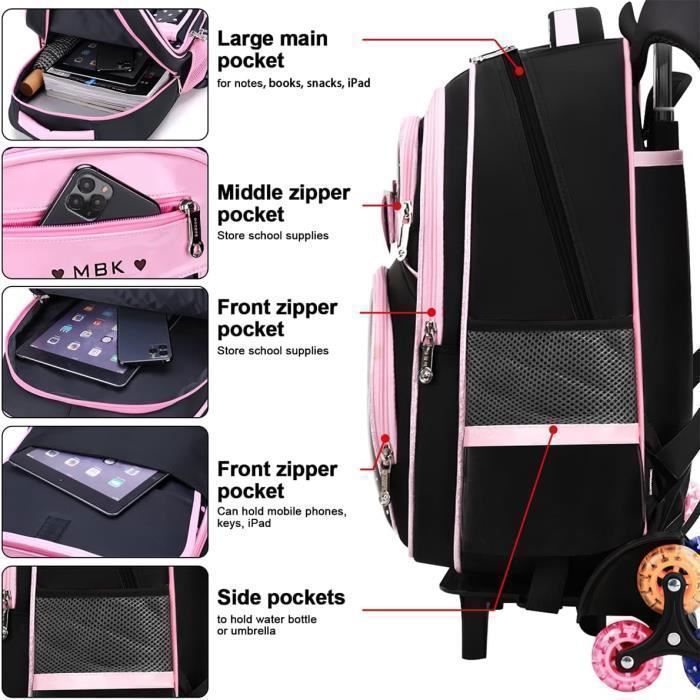 Mochila con ruedas para niñas con bolso de mano para la escuela y los viajes, color negro y rosa PZCC