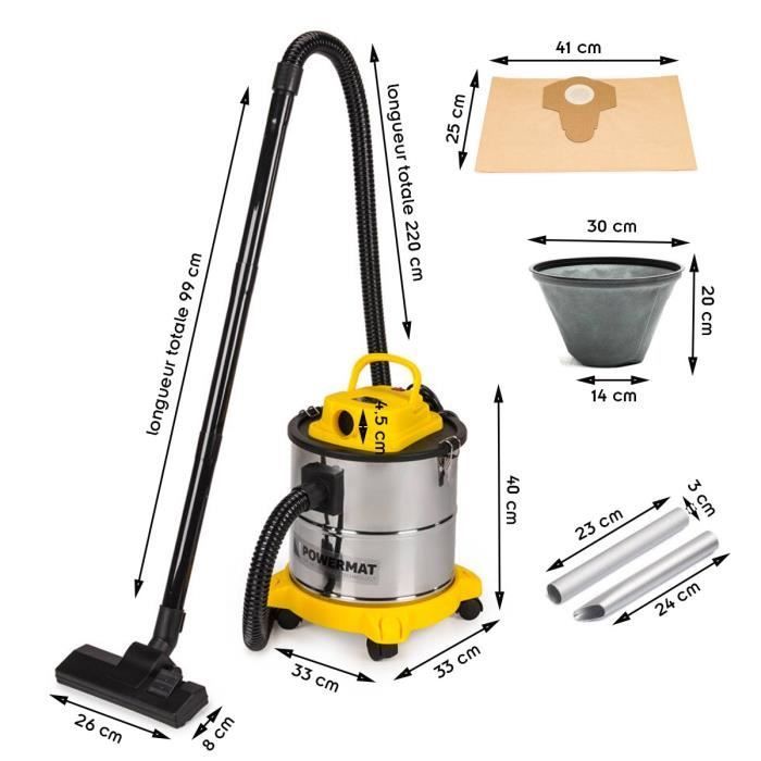 Aspiradora industrial 2 en 1 con depósito de 2000 W y 20 L - POWERMAT - Depósito de acero inoxidable - Filtro HEPA - Accesorios incluidos