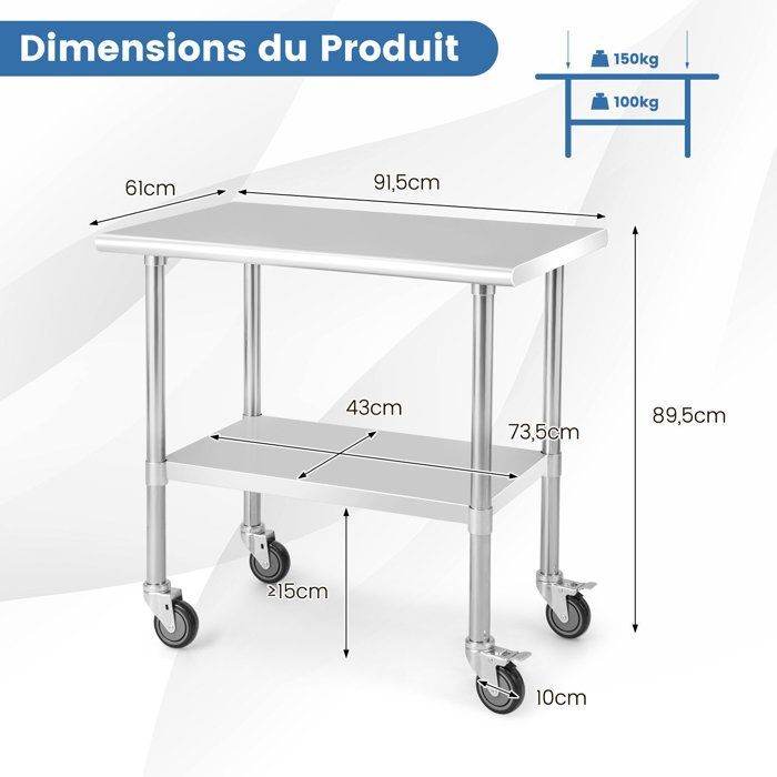 COSTWAY Table Plan de Travail Cuisine en Acier Inoxydable à 2 Niveaux avec 4 Roues en PU, Plateau Inférieure Réglable, Charge 250 kg