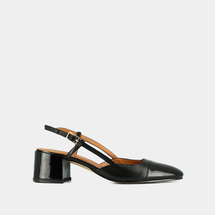 Babies à talons ouverts  en vernis et cuir noir
