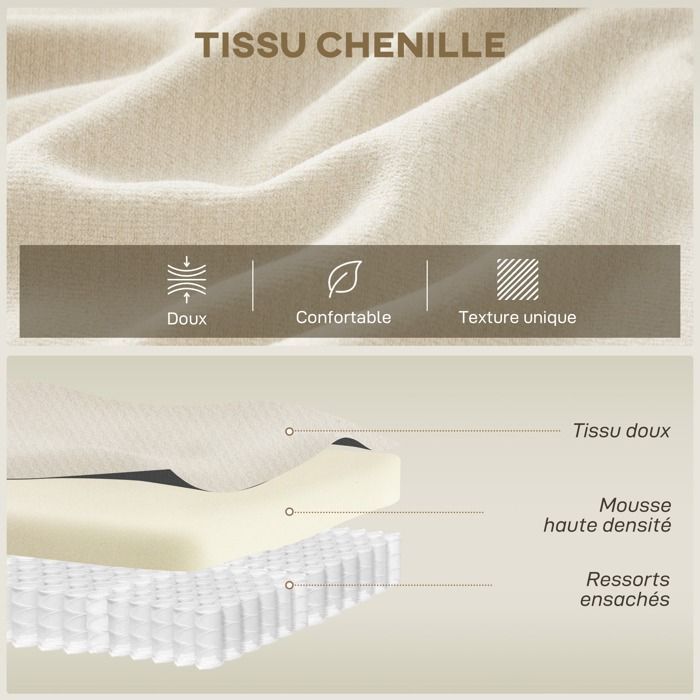 Sofá de 3 plazas - HOMCOM - asiento ancho, 3 cojines - totalmente comprimido, no requiere montaje - tejido de chenilla - 260 cm - color crema