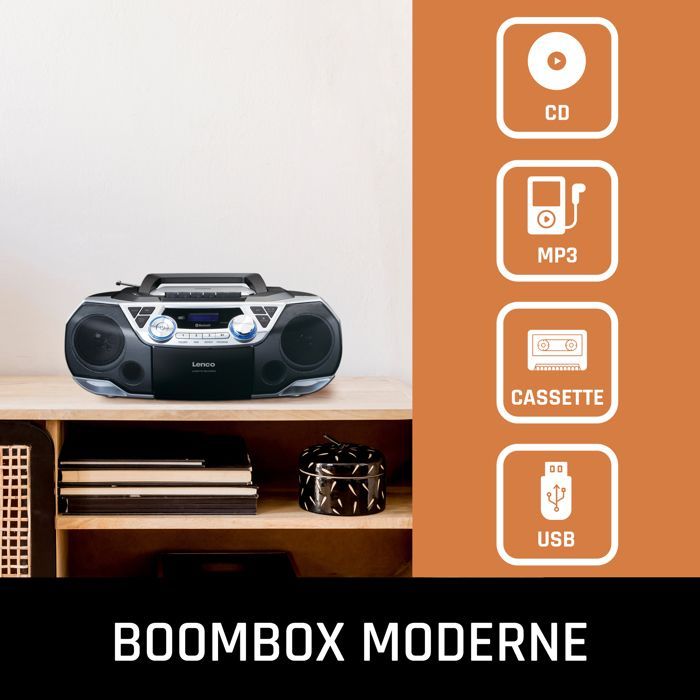 Lenco SCD-720SI - Radio portable DAB+/FM avec Bluetooth®, lecteur CD, cassettes et USB - Argent
