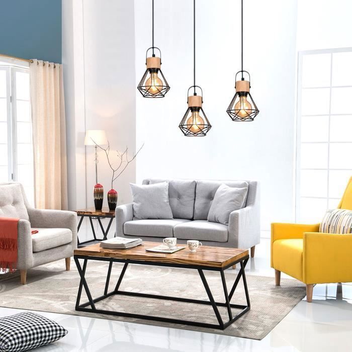 IDEGU Suspension Luminaire Industrielle, 16CM Vintage Lustre Suspension en Fer et Bois Rétro Cage Design Noir pour Salon Chambre