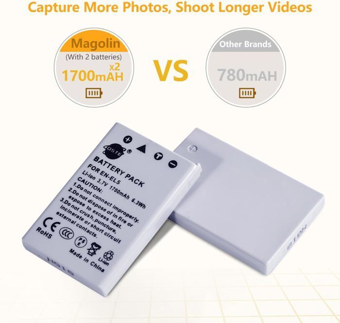 Confezione da 2 batterie di ricambio per Nikon EN-EL5 Coolpix P510 P520 P530 P5000 P5100 P6000 S10 3700 4200 5200 5900 7900 P3 P4 P80 P90 P100