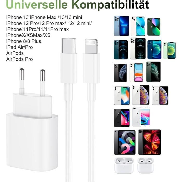 Chargeur Rapide 20W Blanc - Compatible iPhone 14/13/12/11/X - cable USB-C vers Lightning - compatible iPad