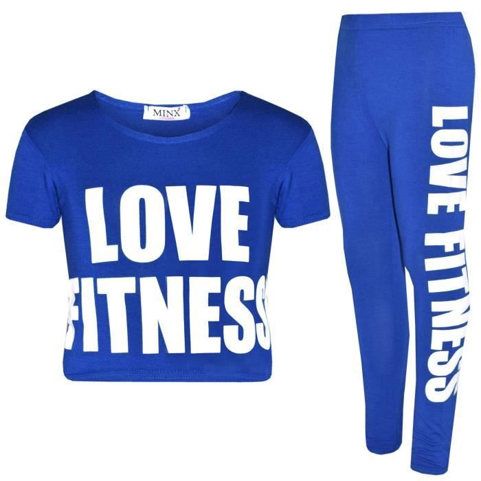 Conjunto de camiseta corta estampada y leggings Love Fitness para niñas de 7 a 13 años - Azul real - Niña