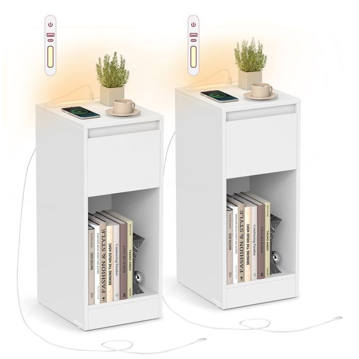 Lot de 2, Table de Chevet Étroite, avec Éclairage LED, 1 Port USB-A, 1 Port USB-C, Tiroirs et Compartiments Ouverts, Blanc Nuage