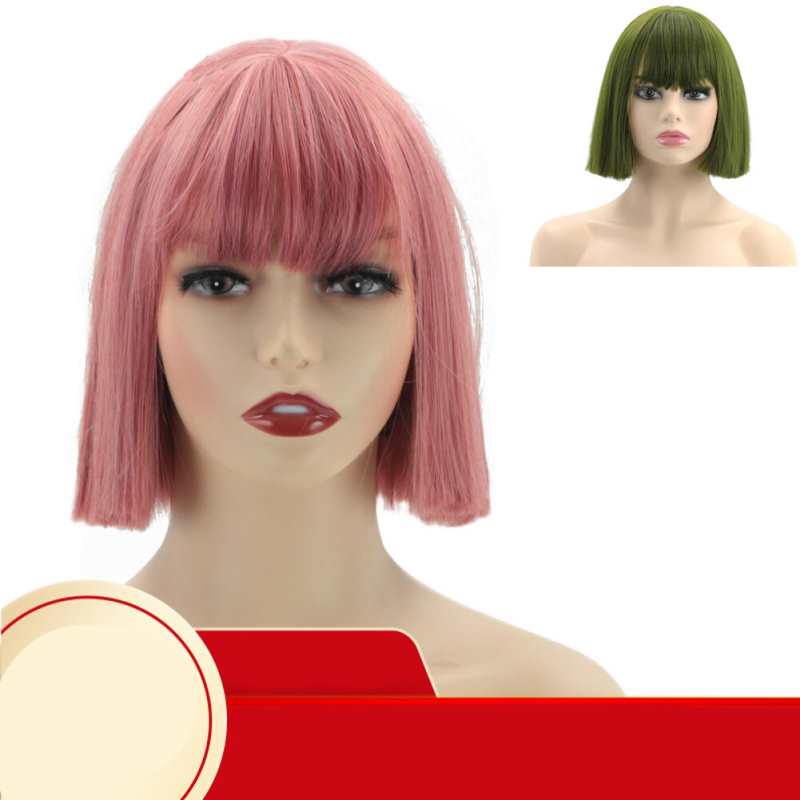 Synthetic Pink Green Wig with Flat Bangs Short Bob Wig for Women Straight Colorful Wigs Fancy Halloween Party Costume