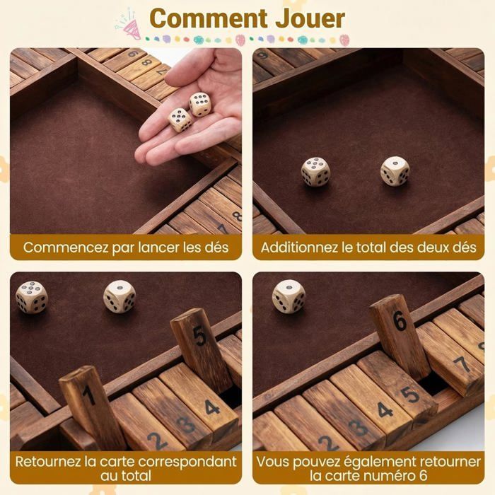 Shut The Box COSTWAY - Dobbelspel - Klassiek bordspel - 4 of meer spelers - Grenenhout, fluwelen oppervlak, bruin tafelblad