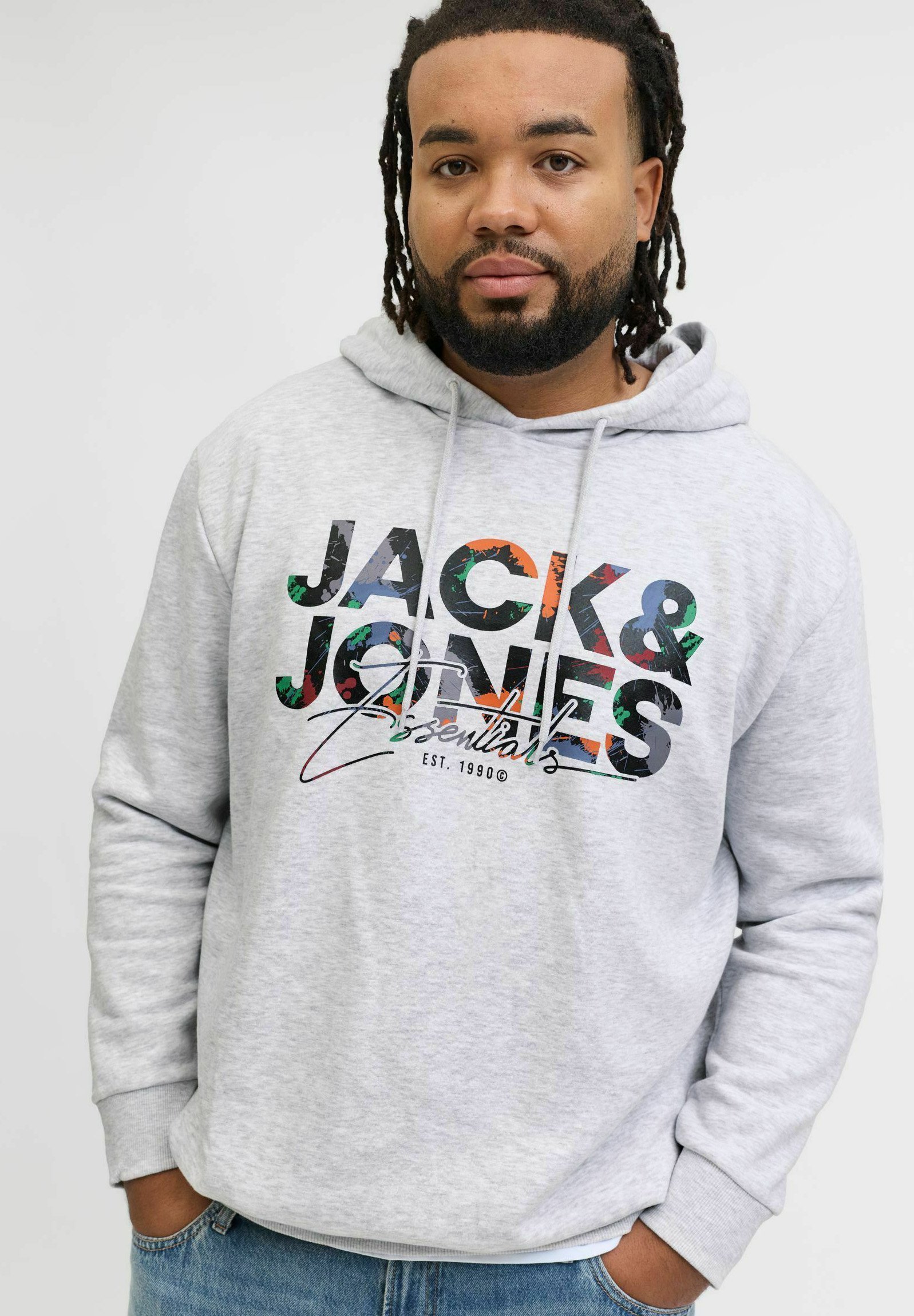 Jack & Jones PLUS SIZE LOGO - Mikina s kapucňou - biela melanž