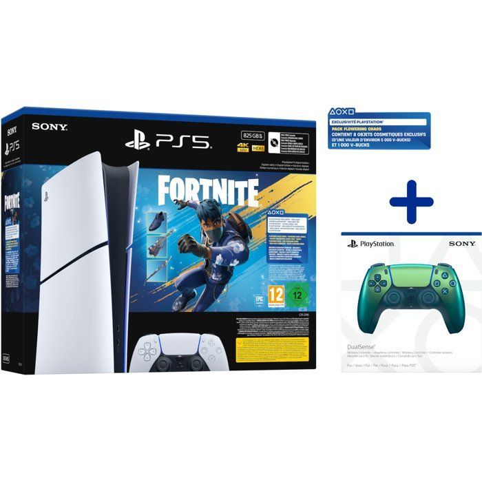 Pack PS5 Digitale (sans lecteur CD) : Console PlayStation 5 (Slim) + Fortnite® Flowering Chaos + 2ème manette DualSense Chroma Teal
