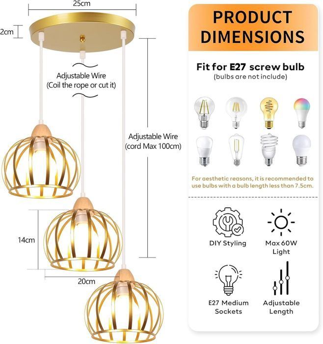 Lustre Suspension - iDEGU - Vintage - Métal et Bois - 3 Ampoules - Design Industriel