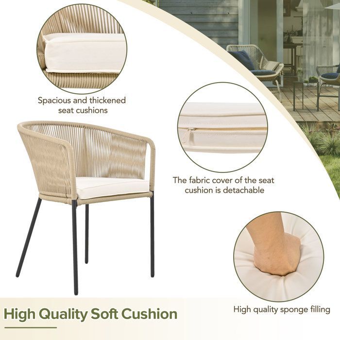 Ensemble table et chaise de jardin - 6 places - 1 table en bois d'acacia et 6 chaises décorées de corde - Beige