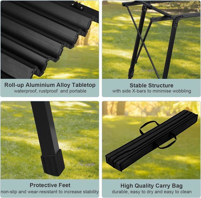 Mesa de camping plegable de aluminio WOLTU, altura regulable, mesa de picnic portátil, 120 x 68,5 cm, negra W0ETT0159