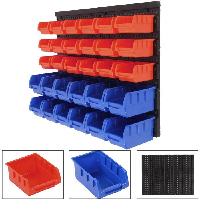 Estante para herramientas con cajas de almacenamiento, 30 contenedores, estante de pared modular y extensible, 64x41cm