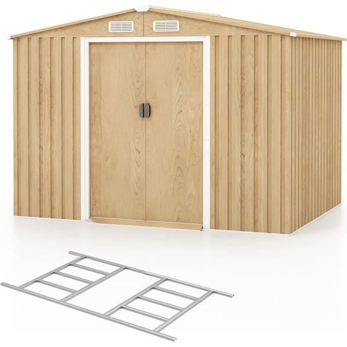 COSTWAY Galvanoitu metallinen puutarhavaja 5m² 259x196x182 cm - Perustus - Liukuovet, Kaide - Puunsyyväri