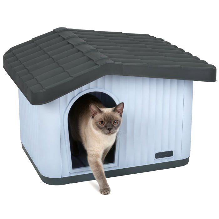 Caseta/perrera impermeable de plástico VOUNOT® para gatos y perros, 60x51x41cm - Techo inclinado desmontable - Apta para uso interior y exterior - Blanca