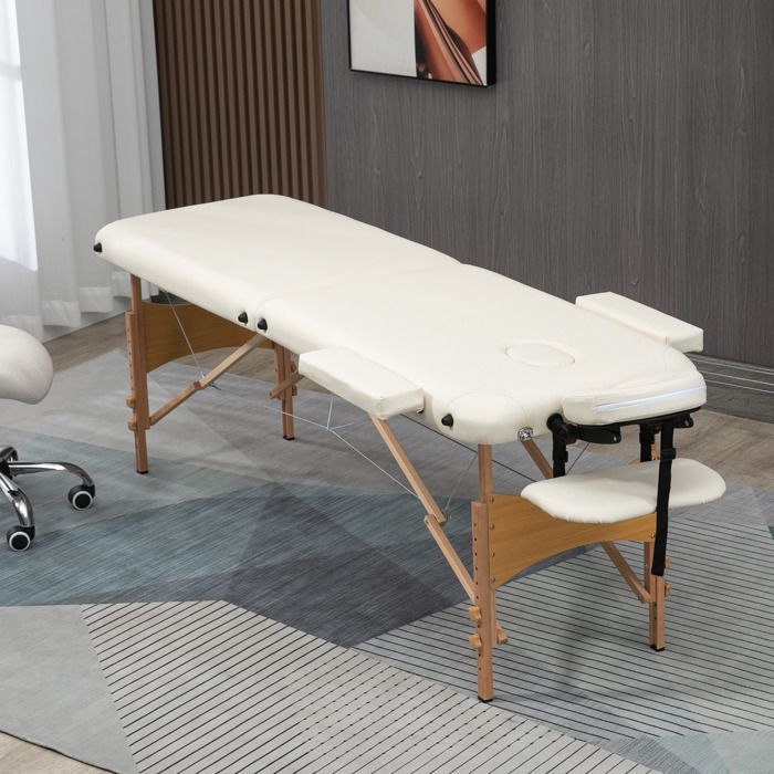 Camilla de masaje - HOMCOM - plegable, portátil, de 2 secciones, mueble regulable en altura - madera - color crema