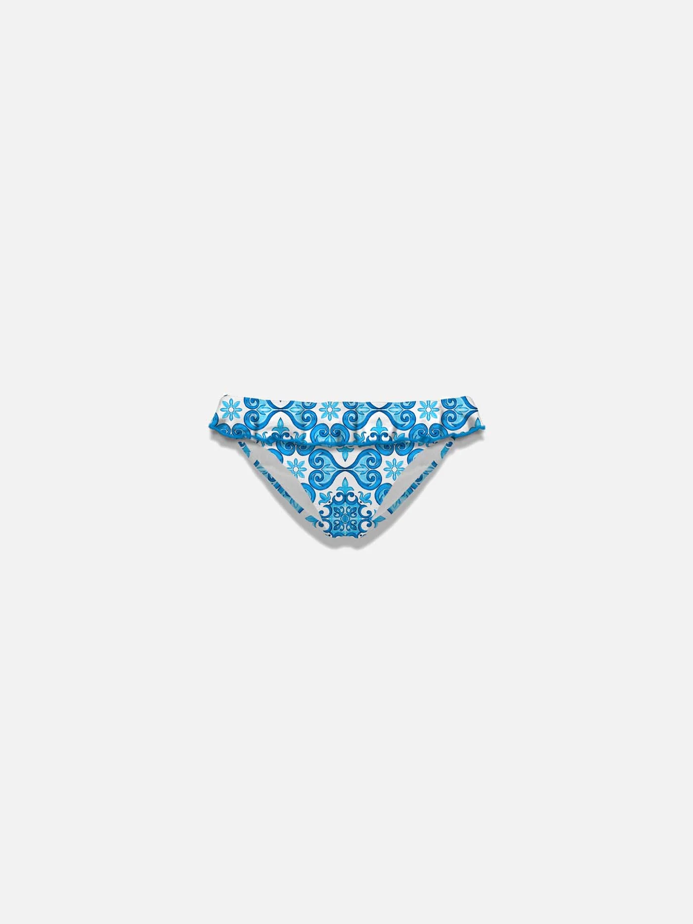 Braguita de bikini para niña con volantes y estampado de mayólica