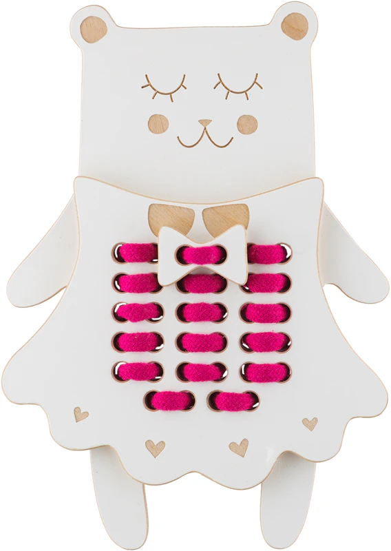 Brinquedo educativo de madeira para encapar Milin, modelo Sra. Teddy.