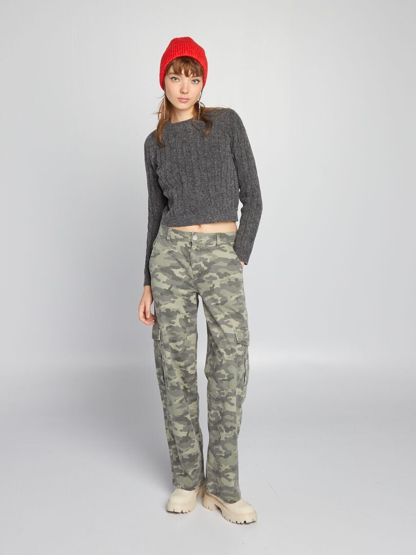 Kabelgebreide crop top trui - GRIJS