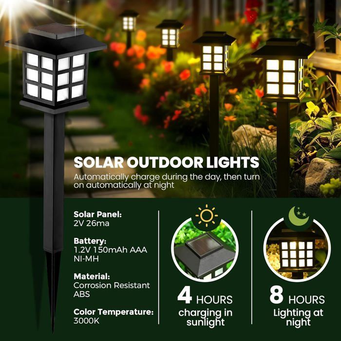 Lot de 12 lampes solaires LED d'extérieur étanches – 10 heures d'éclairage – Balises solaires pour allée de jardin/cour/terrasse