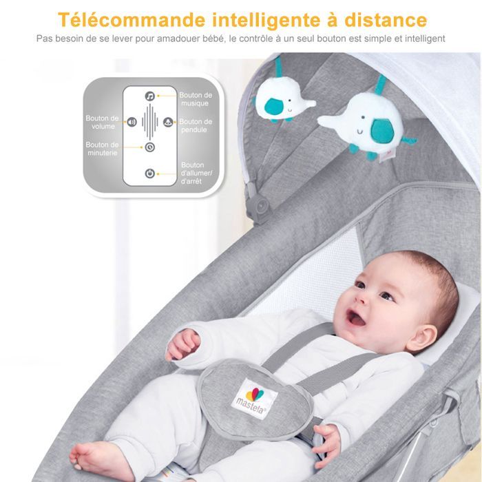 3-in-1 elektrische babyschommel met afstandsbediening - 5 schommelsnelheden - Bluetooth-muziek - Grijs