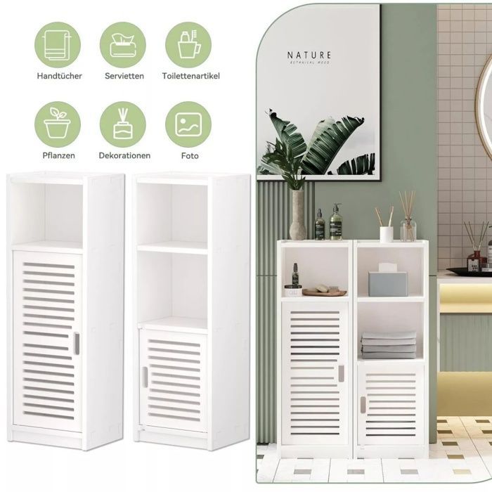 Armario de baño tipo columna con 2 compartimentos abiertos, 3 estantes, 1 puerta, armario multifuncional, 25x22x80cm, blanco