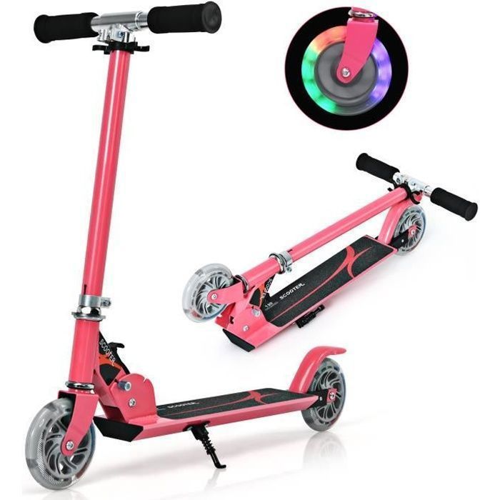 Patinete plegable COSTWAY para niños de 4 a 13 años - 2 ruedas de PU con luces LED intermitentes - 3 alturas ajustables - Capacidad de carga de 70 kg - Aluminio - Rosa