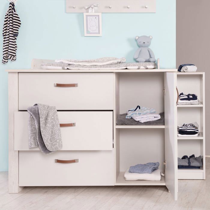 Commode à Langer ROBA Mila - 3 Tiroirs + 1 Porte - Poignées en Similicuir - Gris Clair / Chêne Blanchi