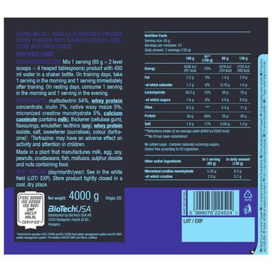 BioTech USA Hyper Mass Vanilla Proteinový doplněk 4 kg