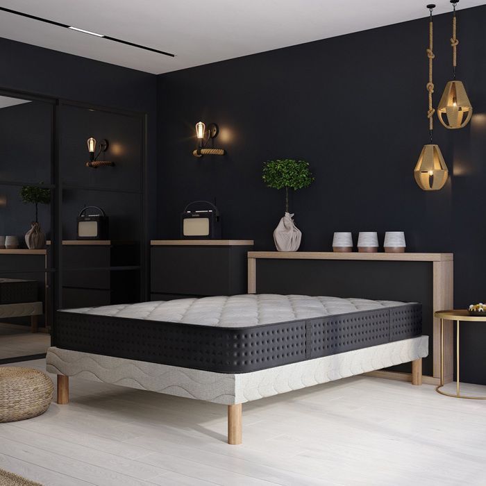 Base de cama + colchón COSMOS de 140x190 cm, altura 26 cm, espuma Techno Foam de alta densidad, confort equilibrado, 4 patas incluidas.