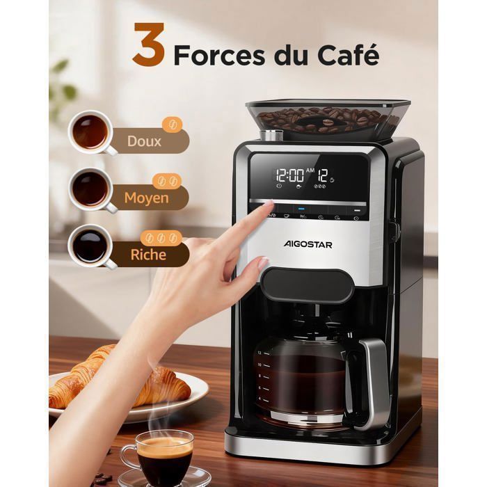 Macchina da caffè Aigostar con macinacaffè integrato, 1400 W - Macchina per caffè filtro, 1,5 l (12 tazze) - 7 impostazioni di macinatura e 3 livelli di intensità - Programmabile 24 ore su 24