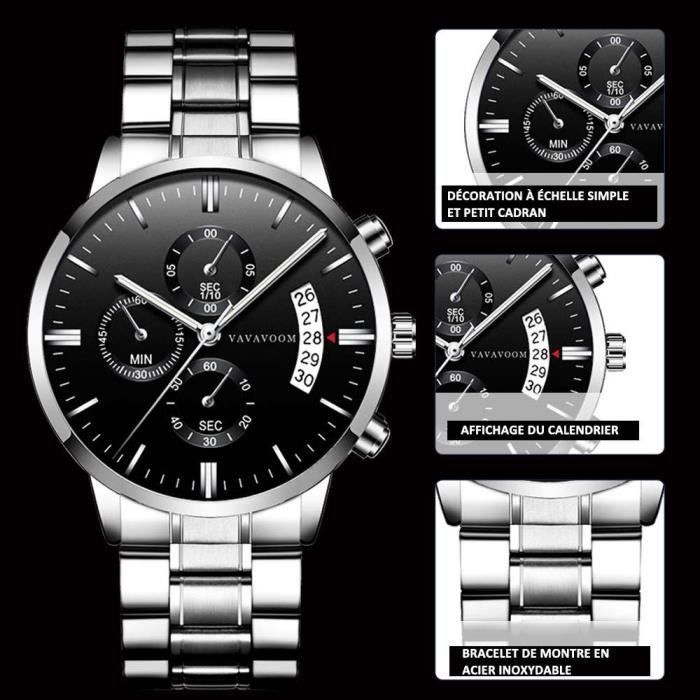 Montre à Quartz pour Homme - Etanche - Bracelet Acier Inoxydable - Cadran Noir, Bracelet Argenté, Aiguilles Argentées