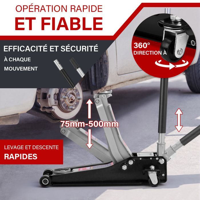 Cric idraulico da 3 tonnellate, altezza 75-500 mm, doppio pistone + 2 supporti in gomma, sollevatore per auto per manutenzione e cambio gomme